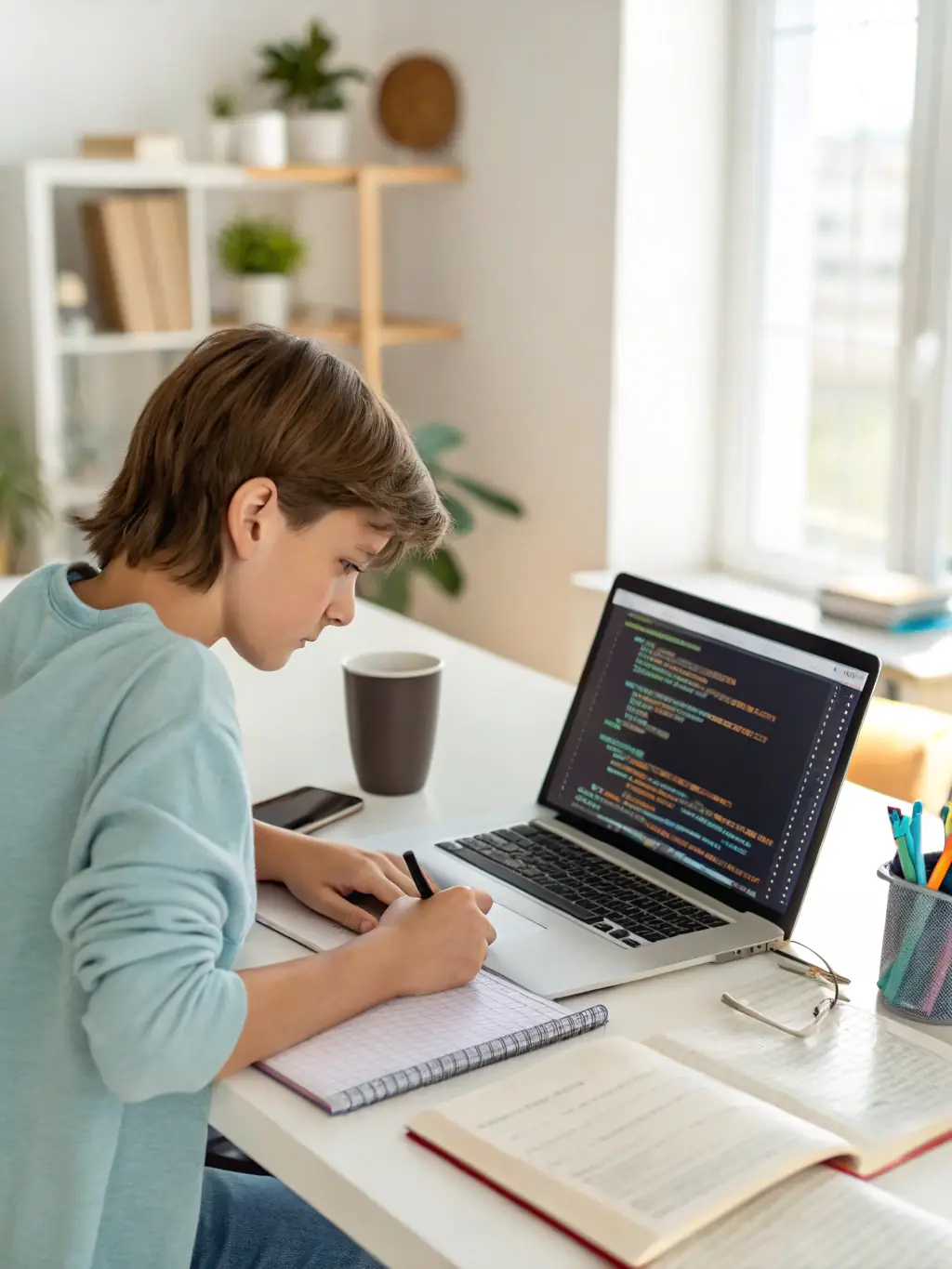 A student enthusiastically participating in a machine learning workshop, surrounded by laptops and engaged in a coding exercise, reflecting the hands-on learning approach of aitrainuk.site's AI courses.