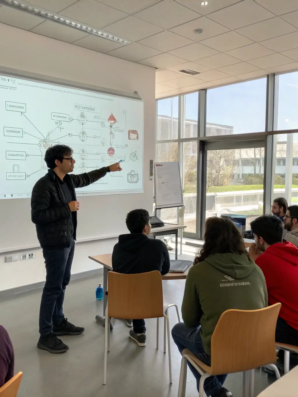 An instructor at aitrainuk.site delivering a lecture on reinforcement learning, using real-world examples and interactive simulations to illustrate key concepts.